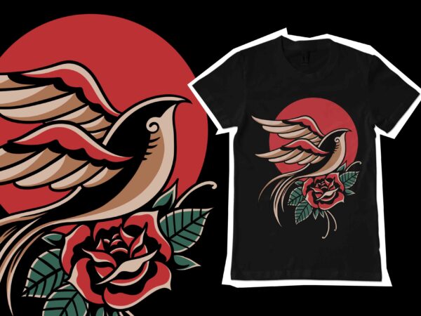 Swallow and rose traditional illustration for t-shirt design