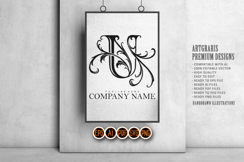 Vintage Style U Initial Outline with Flourish Monochrome