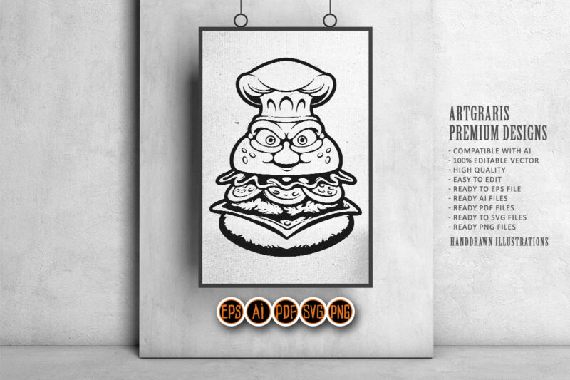 Grumpy Burger With Chef Hat Monochrome Vector Art