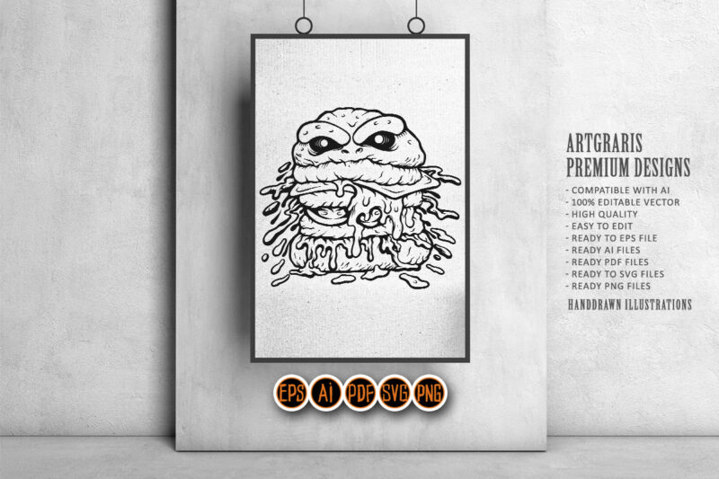 Outline of Burger Monster with Cheese Drips Monochrome