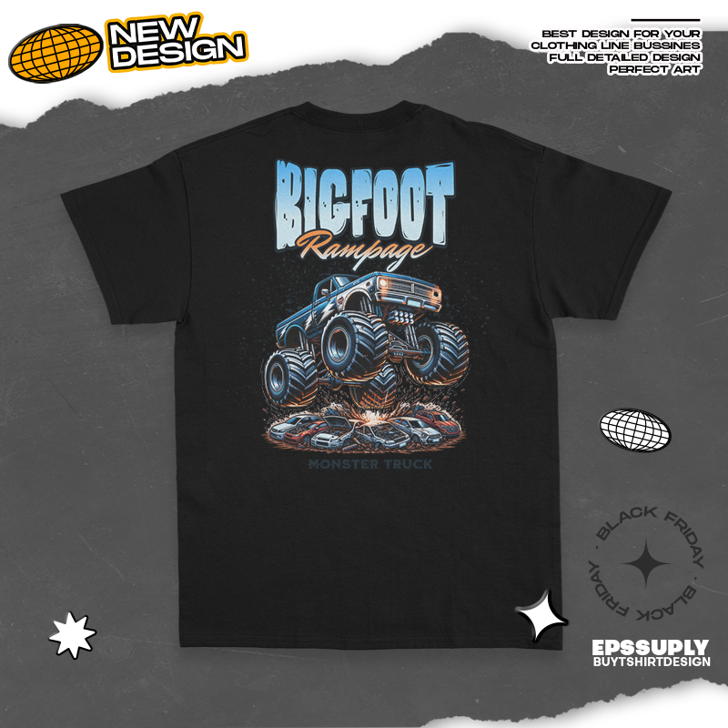 BIGFOOT RAMPAGE MONSTER TRUCK urban streetwear t-shirt design png ready to print and silkscreen printing