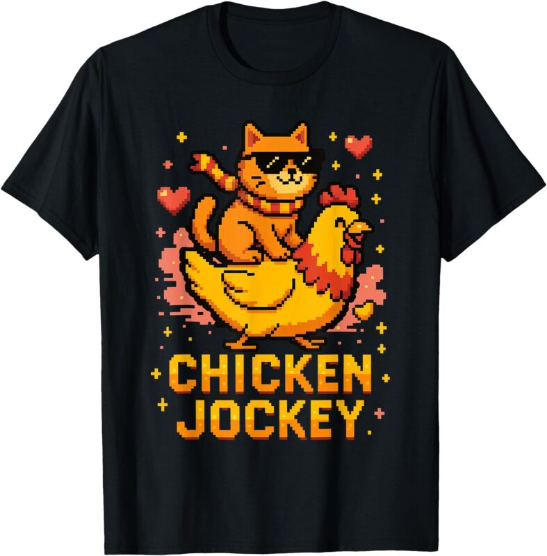 Chicken Jockey Cute Cat Riding Pixel Art Gamer Meme T-Shirt
