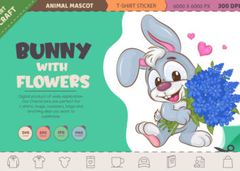Cute Bunny with flowers. T-Shirt, PNG, SVG.