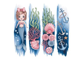 Watercolour Cute Mermaid Retro Illustration T-shirt design – download instantly
