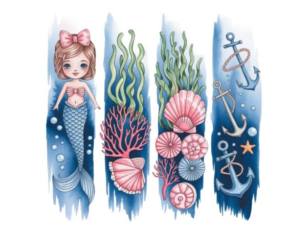 Watercolour cute mermaid retro illustration t-shirt design – download instantly Watercolour cute mermaid retro illustration t-shirt design – download instantly