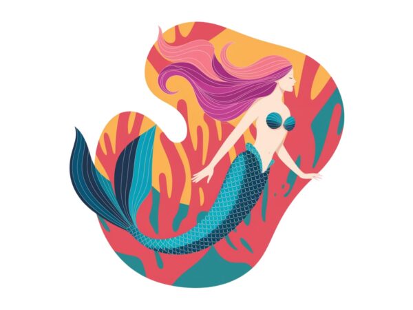 Watercolour cute mermaid retro illustration t-shirt design – download instantly Watercolour cute mermaid retro illustration t-shirt design – download instantly