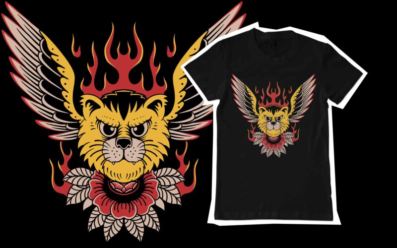 flying cats illustration for tshirt design