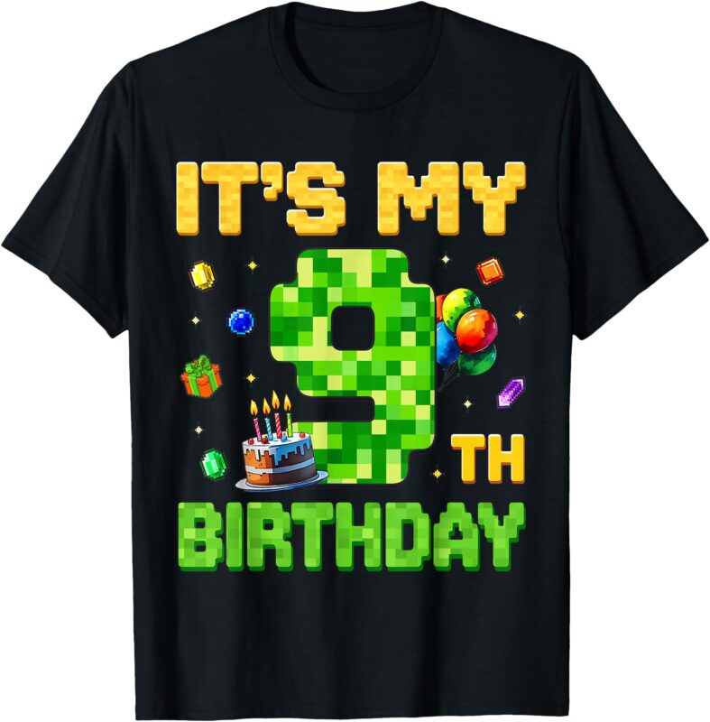 Funny Birthday Boy Kid It’s My 9th Birthday Video Game Pixel T-Shirt