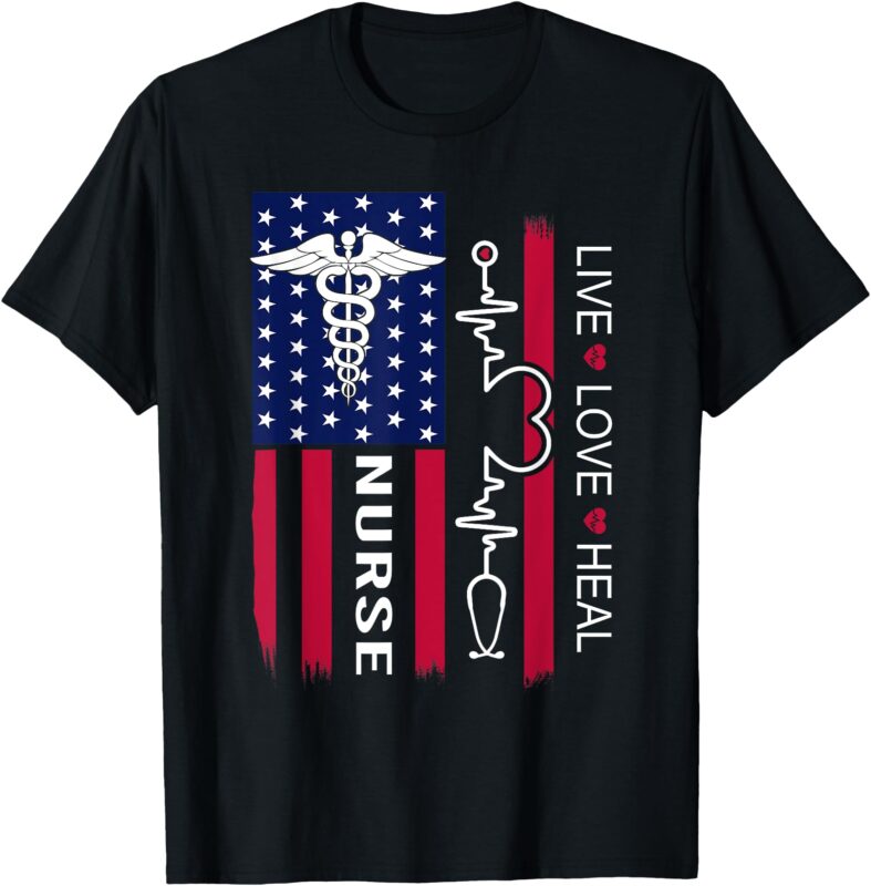 Nurse Stethoscope Heartbeat American Flag Nurse Gifts Weeks T-Shirt