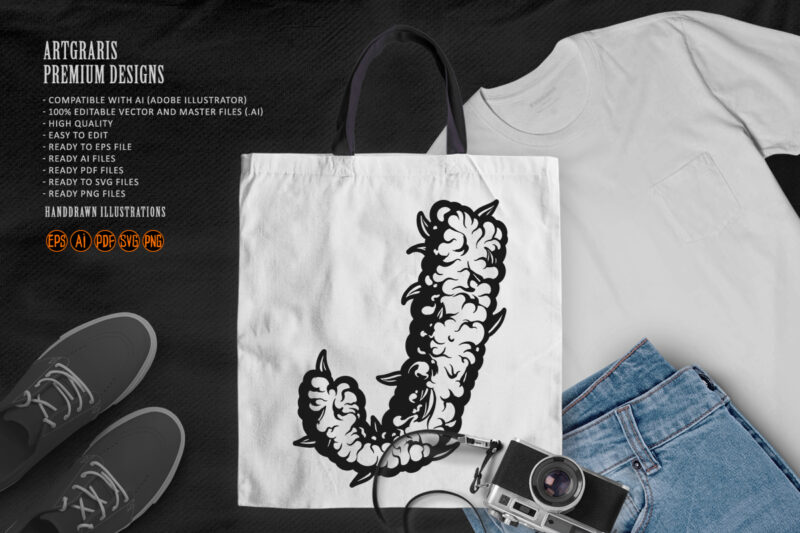 Weed Themed J Letter with Border Outline Monochrome
