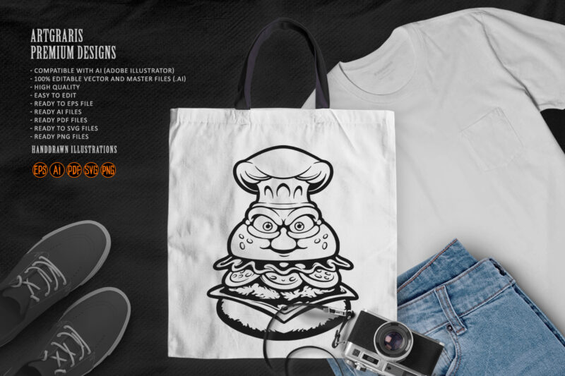 Grumpy Burger With Chef Hat Monochrome Vector Art
