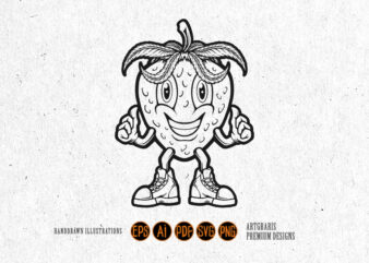 Cheerful Strawberry with Thumbs Up Outline Monochrome