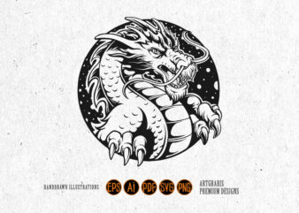 Monochrome Outline Angry Dragon in Circular Frame