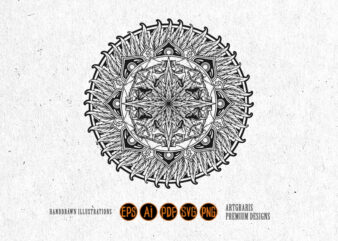 Cannabis Mandala with Geometric Designs Outline Monochrome