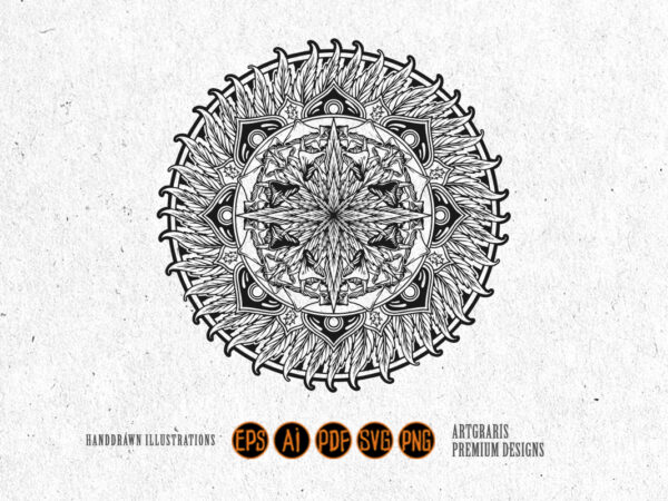 Cannabis mandala with geometric designs outline monochrome Cannabis mandala with geometric designs outline monochrome