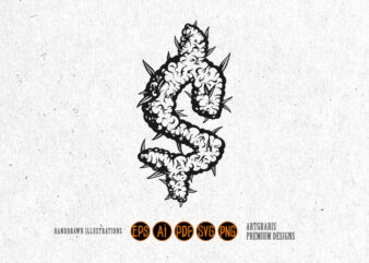 Outline of Dollar Sign Formed by Weed Leaves Monochrome
