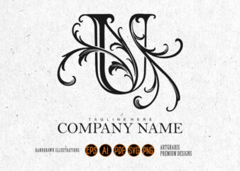 Vintage Style U Initial Outline with Flourish Monochrome