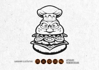 Grumpy Burger With Chef Hat Monochrome Vector Art