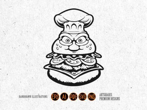 Grumpy burger with chef hat monochrome vector art Grumpy burger with chef hat monochrome vector art