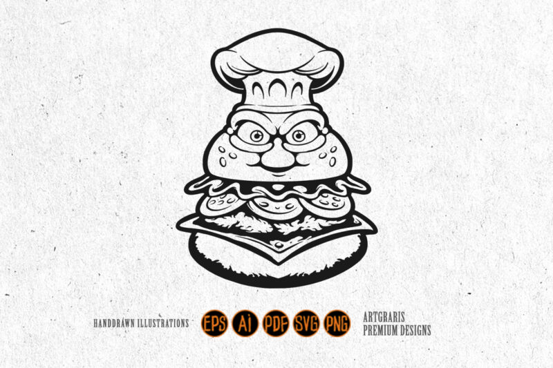 Grumpy Burger With Chef Hat Monochrome Vector Art