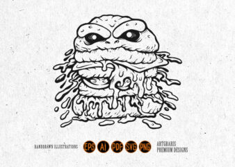 Outline of burger monster with cheese drips monochrome
