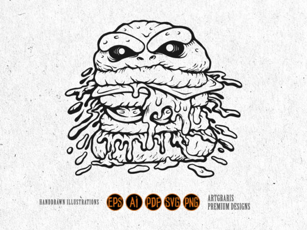 Outline of burger monster with cheese drips monochrome t shirt design online