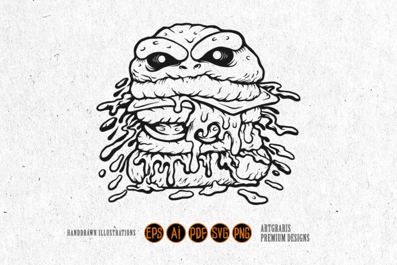 Outline of Burger Monster with Cheese Drips Monochrome