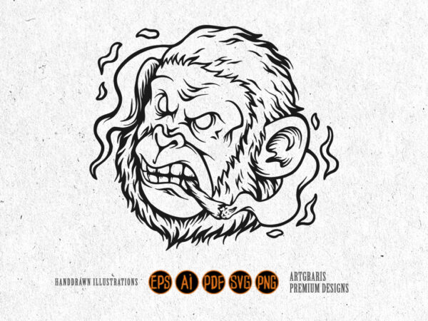 Relaxed monkey smoking outline monochrome style t shirt design online Relaxed monkey smoking outline monochrome style t shirt design online