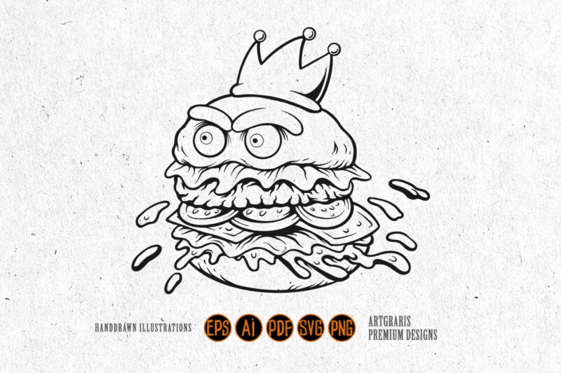 Furious Cartoon Burger Wearing a Crown Monochrome