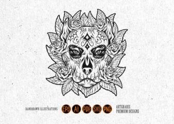 Ornamental Dog Skull with Flowers Latina Monochrome