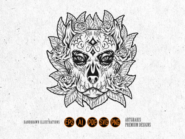 Ornamental dog skull with flowers latina monochrome t shirt design online Ornamental dog skull with flowers latina monochrome t shirt design online