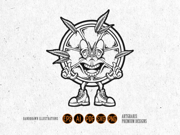 Smiling citrus with weed elements outline monochrome t shirt template vector Smiling citrus with weed elements outline monochrome t shirt template vector