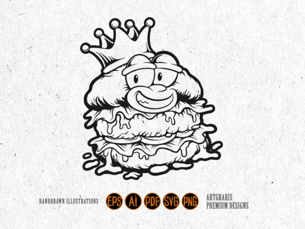 Cheerful burger with crown monochrome vector art Cheerful burger with crown monochrome vector art