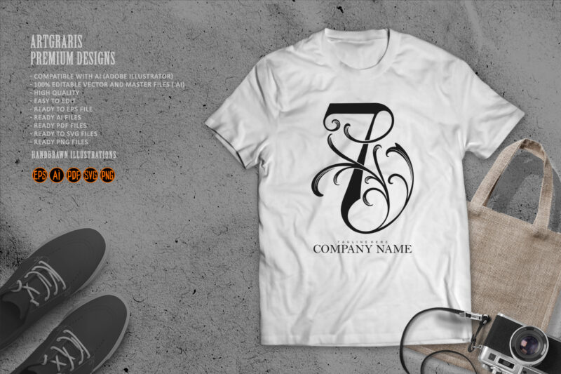 Vintage Floral 7 Initial Outline Monochrome Design