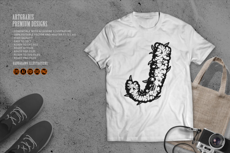 Weed Themed J Letter with Border Outline Monochrome