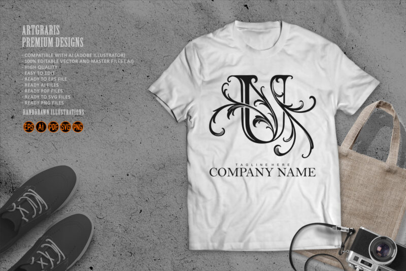Vintage Style U Initial Outline with Flourish Monochrome
