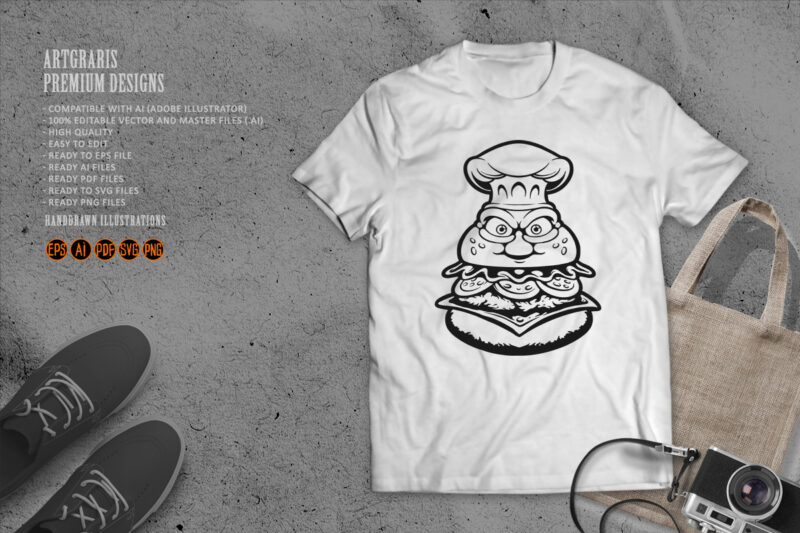 Grumpy Burger With Chef Hat Monochrome Vector Art