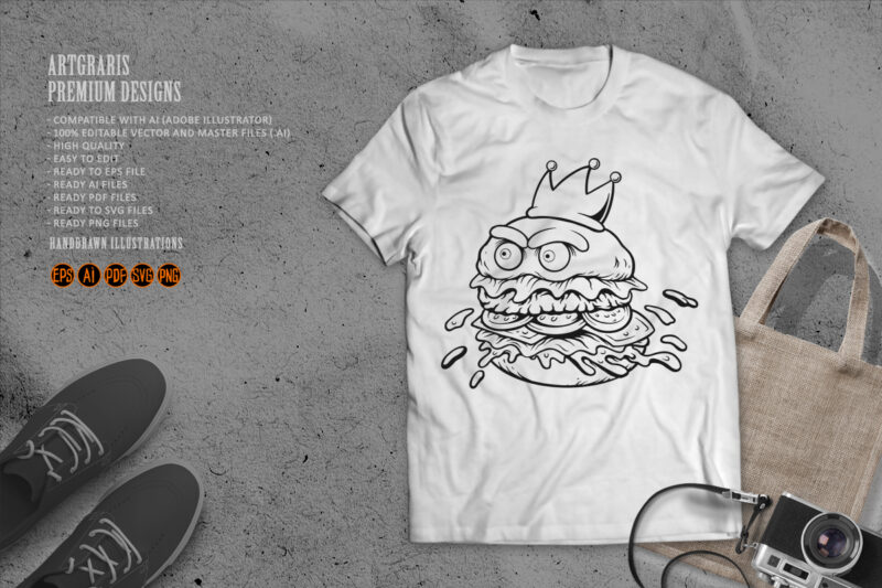 Furious Cartoon Burger Wearing a Crown Monochrome
