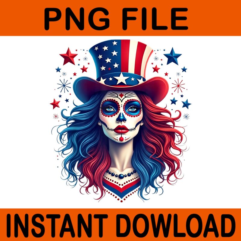 Sugar Skull 4th Of July American Flag Skeleton PNG, Skull Skeleton 4th Of July PNG, Sugar Skull Skeleton American Flag PNG