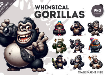 Whimsical cartoon gorillas 02. t-shirt, png.