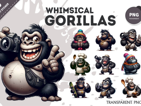 Whimsical cartoon gorillas 02. t-shirt, png. Whimsical cartoon gorillas 02. t-shirt, png.