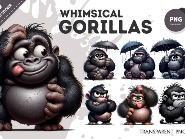 Whimsical cartoon gorillas. t-shirt, png.
