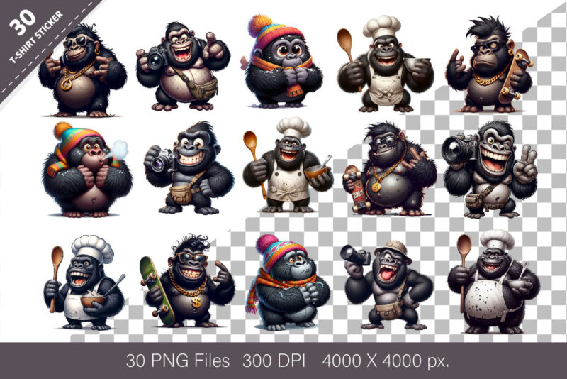 Whimsical cartoon gorillas 02. T-Shirt, PNG.