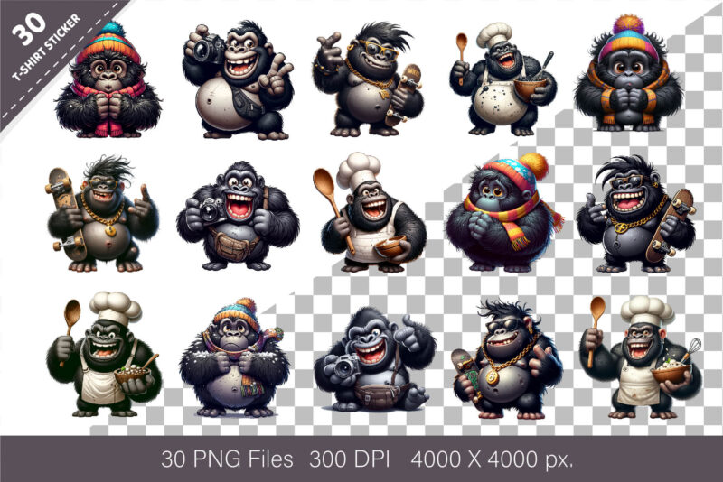 Whimsical cartoon gorillas 02. T-Shirt, PNG.