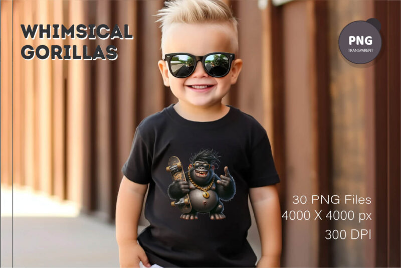 Whimsical cartoon gorillas 02. T-Shirt, PNG.