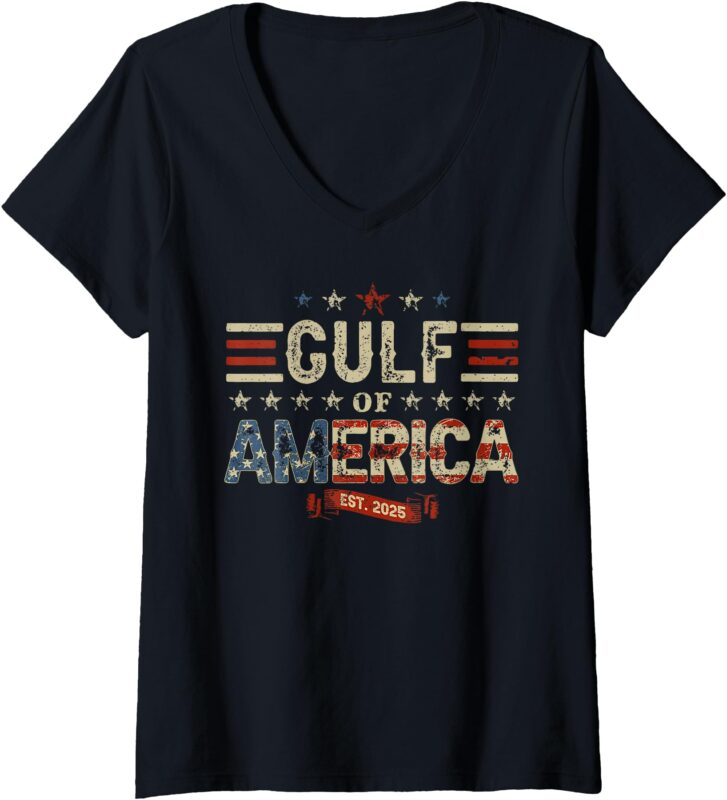 Womens Retro Gulf Of USA America Est 2025 American Flag Gulf Mexico V-Neck T-Shirt