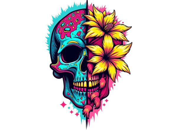 Popular abstract punk skull with flower t-shirt design – download instantly