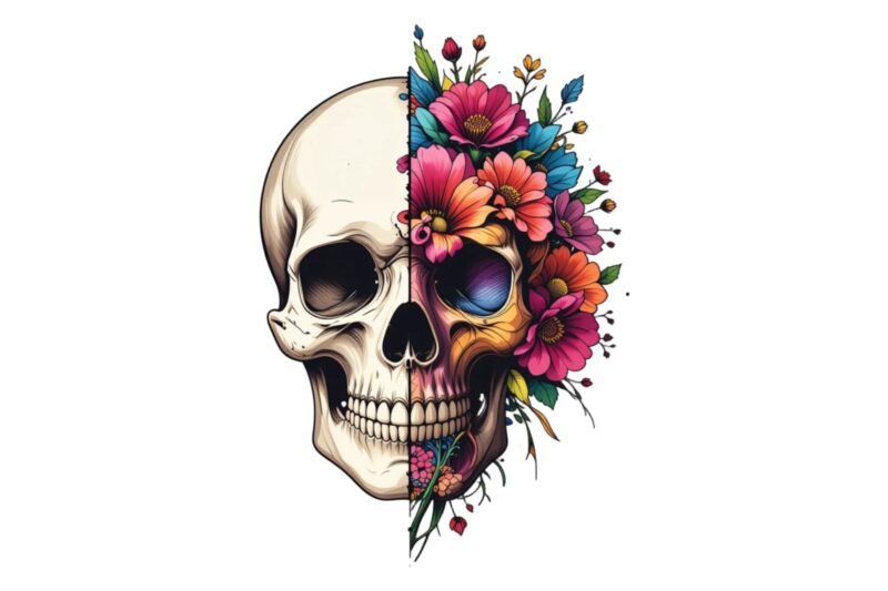 Watercolour Cute Skull Retro Illustration T-shirt design – download instantly