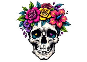 Trendy Retro Skull Floral Graphics t-shirt design jpeg & png design