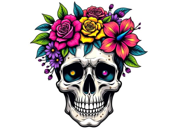 Trendy retro skull floral graphics t-shirt design jpeg & png design